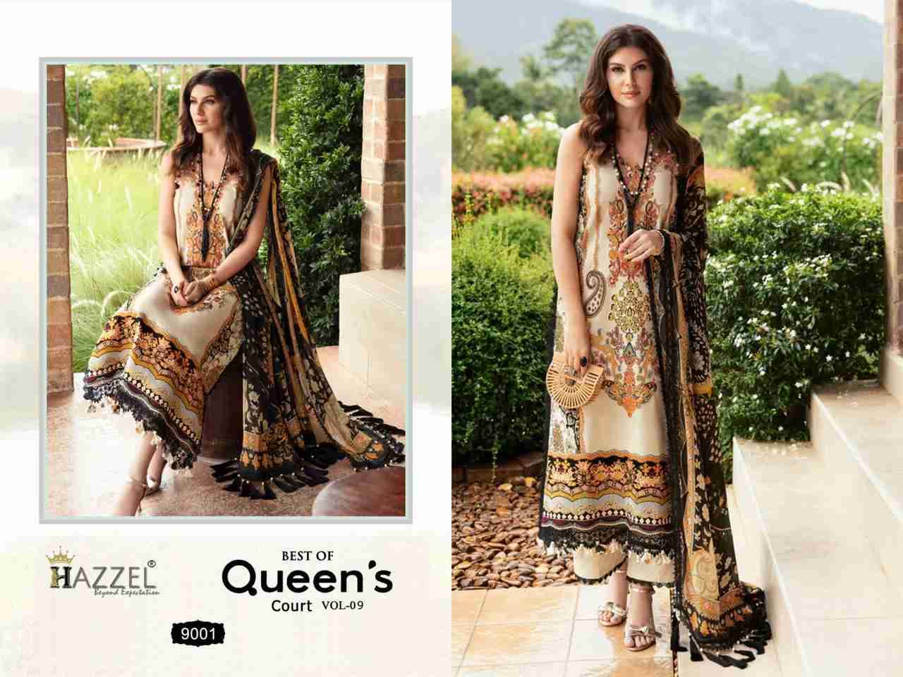 Best Of Queens Court Vol-9 By Hazzel 9001 To 9003 Series Designer Festive Pakistani Suits Collection Beautiful Stylish Fancy Colorful Party Wear & Occasional Wear Heavy Cotton Print With Patch Work Dresses At Wholesale Price