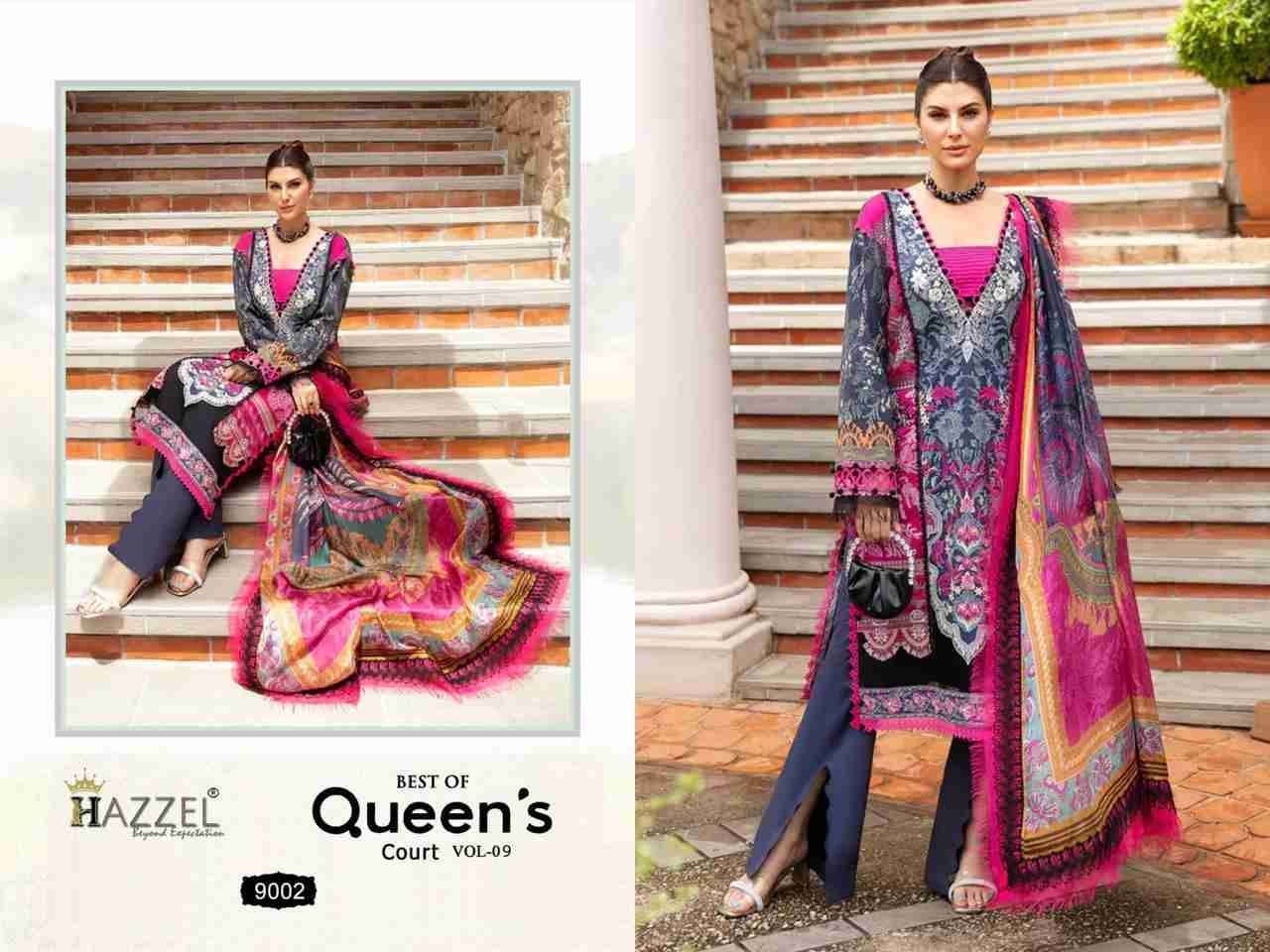 Best Of Queens Court Vol-9 By Hazzel 9001 To 9003 Series Designer Festive Pakistani Suits Collection Beautiful Stylish Fancy Colorful Party Wear & Occasional Wear Heavy Cotton Print With Patch Work Dresses At Wholesale Price