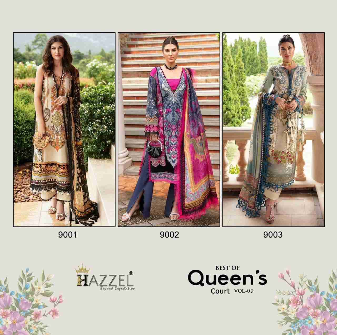 Best Of Queens Court Vol-9 By Hazzel 9001 To 9003 Series Designer Festive Pakistani Suits Collection Beautiful Stylish Fancy Colorful Party Wear & Occasional Wear Heavy Cotton Print With Patch Work Dresses At Wholesale Price