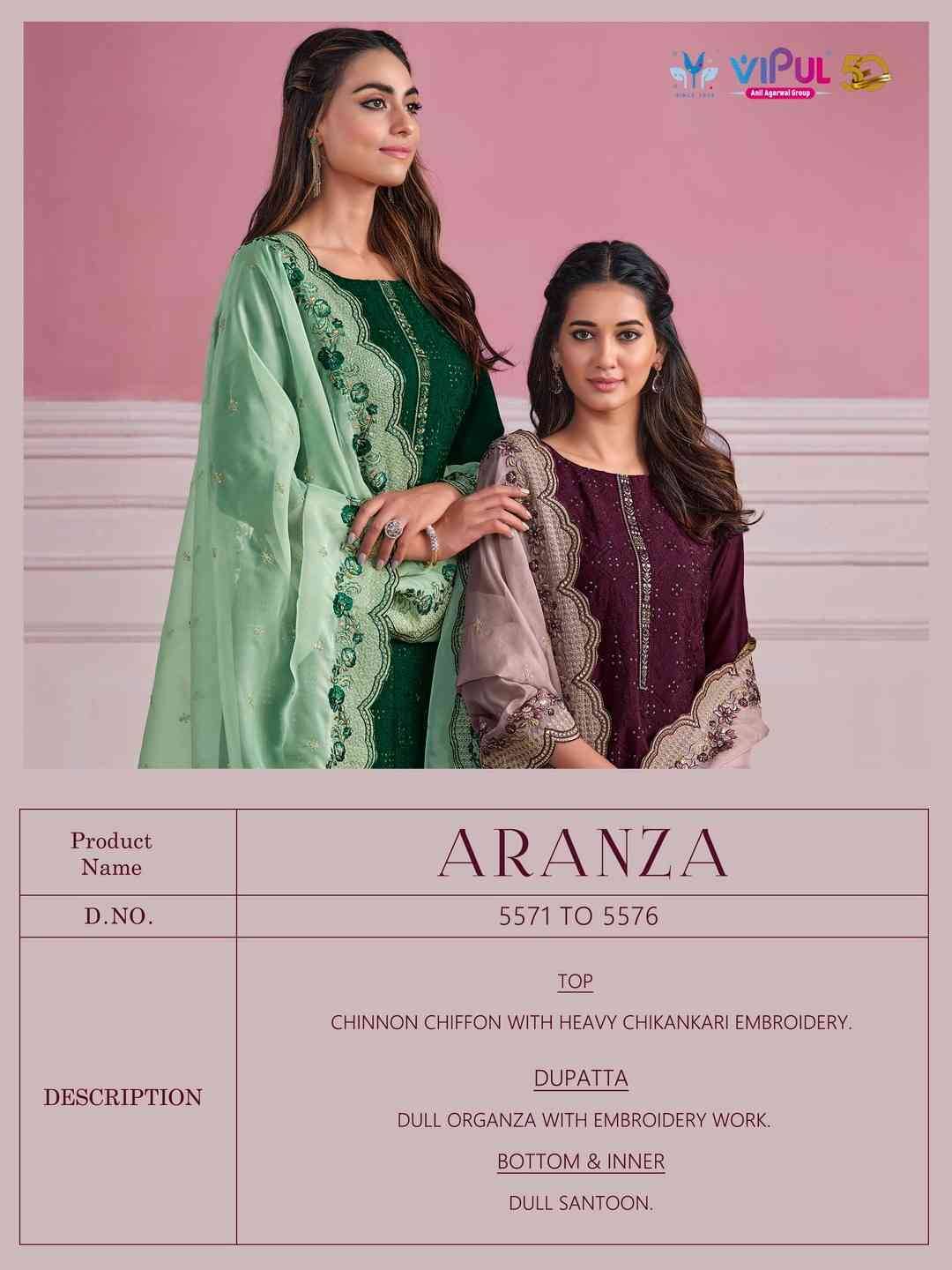 Aranza By Vipul Fashion 5571 To 5576 Series Beautiful Festive Suits Colorful Stylish Fancy Casual Wear & Ethnic Wear Chinnon Chiffon Dresses At Wholesale Price