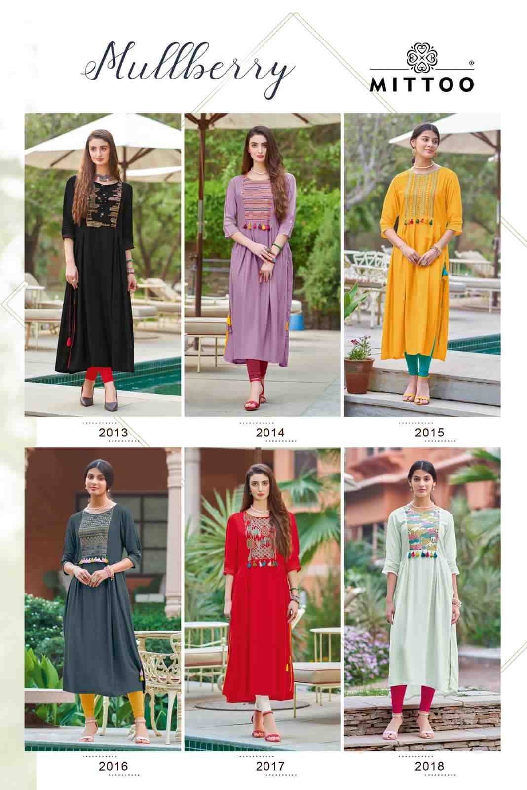 Mullberry By Mittoo 2013 To 2018 Series Designer Festive Suits Collection Beautiful Stylish Fancy Colorful Party Wear & Occasional Wear Rayon Embroidered Kurtis At Wholesale Price