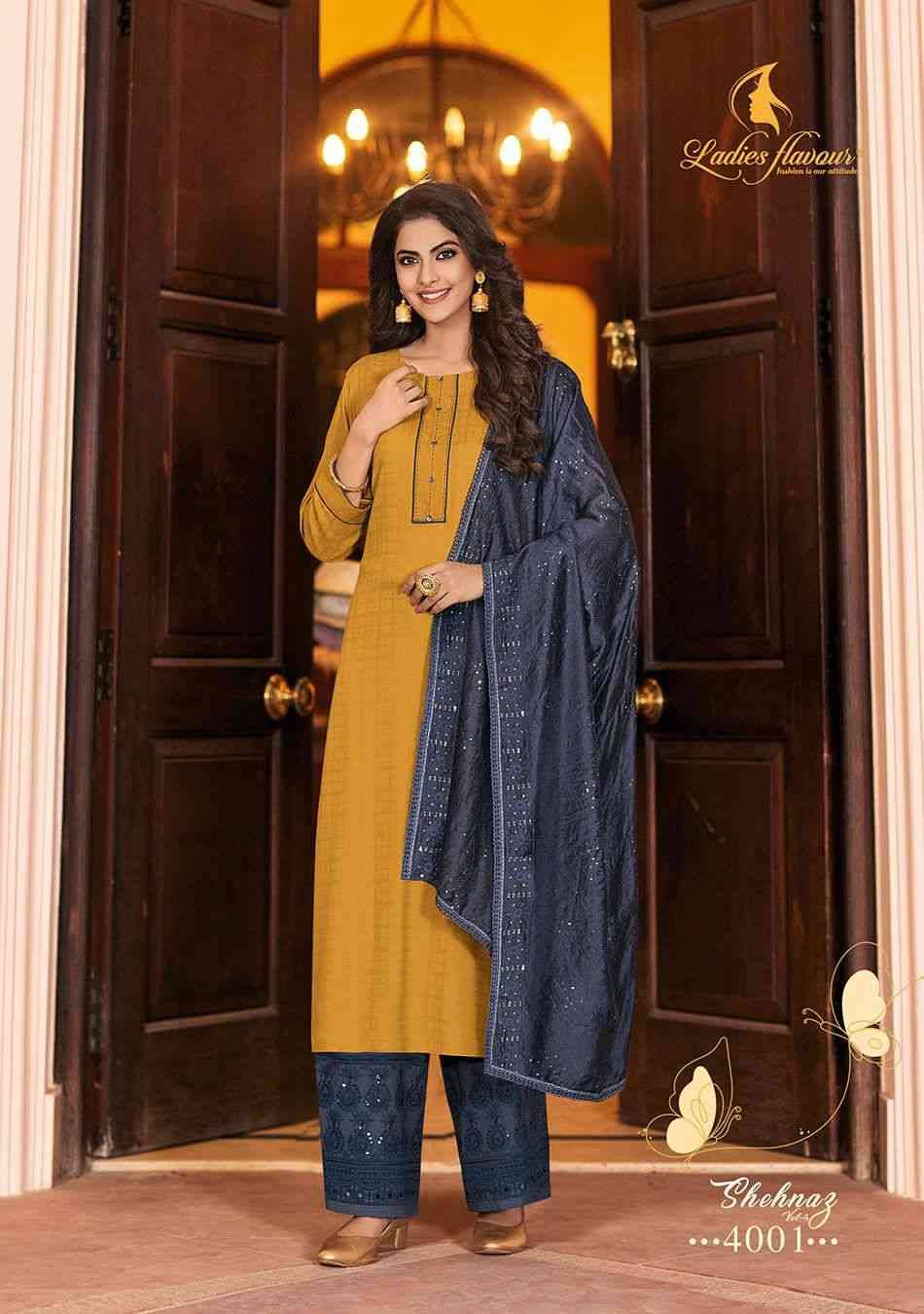 Shehnaz Vol-4 By Ladies Flavour 4001 To 4004 Series Designer Festive Suits Beautiful Stylish Fancy Colorful Party Wear & Occasional Wear Heavy Rayon With Work Dresses At Wholesale Price