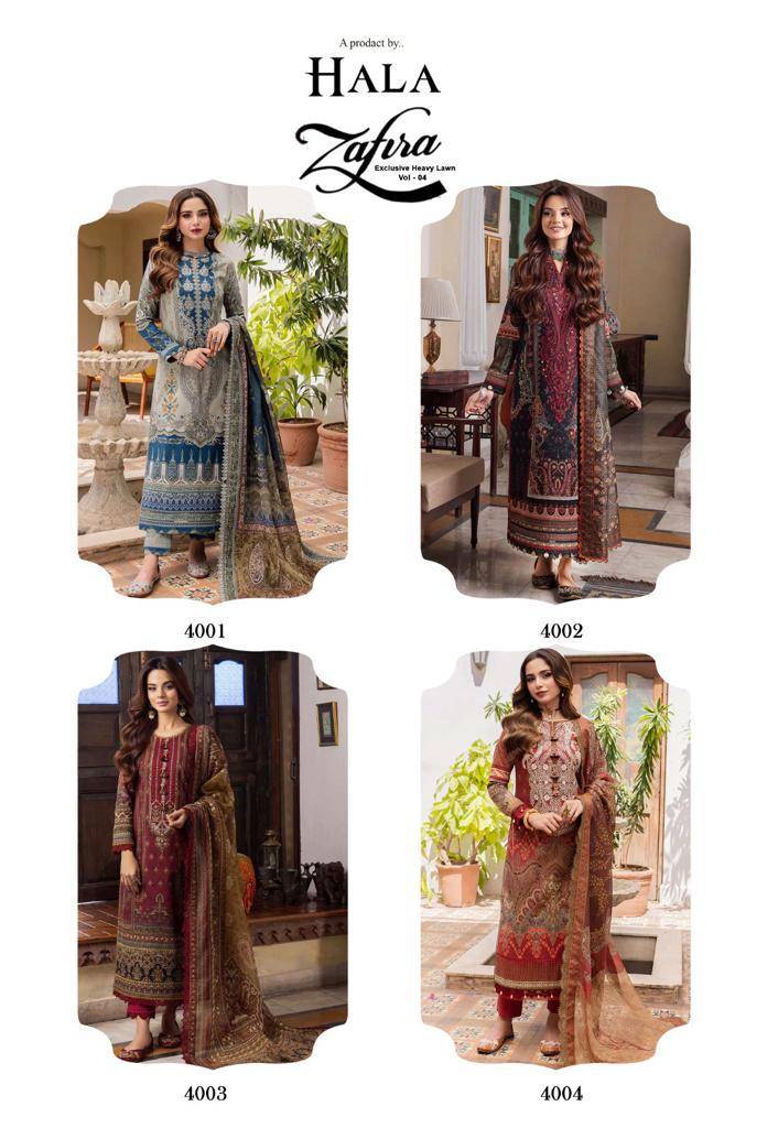 Zafira Vol-4 By Hala 4001 To 4004 Series Beautiful Festive Suits Stylish Fancy Colorful Casual Wear & Ethnic Wear Lawn Cotton Print Dresses At Wholesale Price