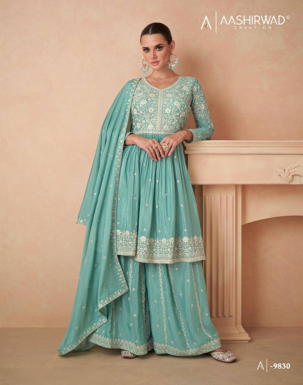 Aahana By Aashirwad Creation 9828 To 9830 Series Beautiful Sharara Suits Colorful Stylish Fancy Casual Wear & Ethnic Wear Chinnon Silk Embroidery Dresses At Wholesale Price