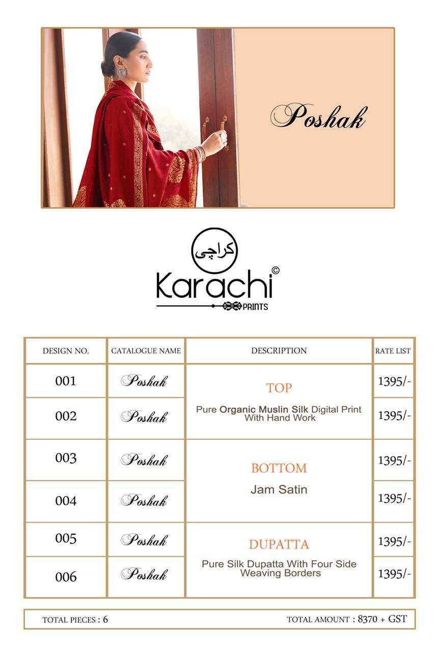 Poshak By Karachi Prints 1001 To 1006 Series Beautiful Stylish Festive Suits Fancy Colorful Casual Wear & Ethnic Wear & Ready To Wear Pure Muslin Silk Dresses At Wholesale Price