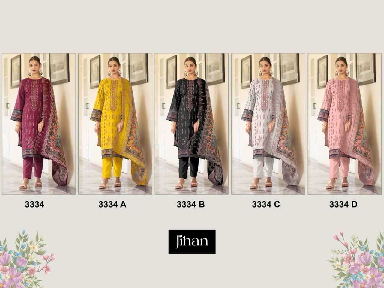 Jihan 3334 Colours By Jihan 3334 To 3334-D Series Beautiful Pakistani Suits Stylish Fancy Colorful Party Wear & Occasional Wear Pure Lawn Print With Embroidered Dresses At Wholesale Price