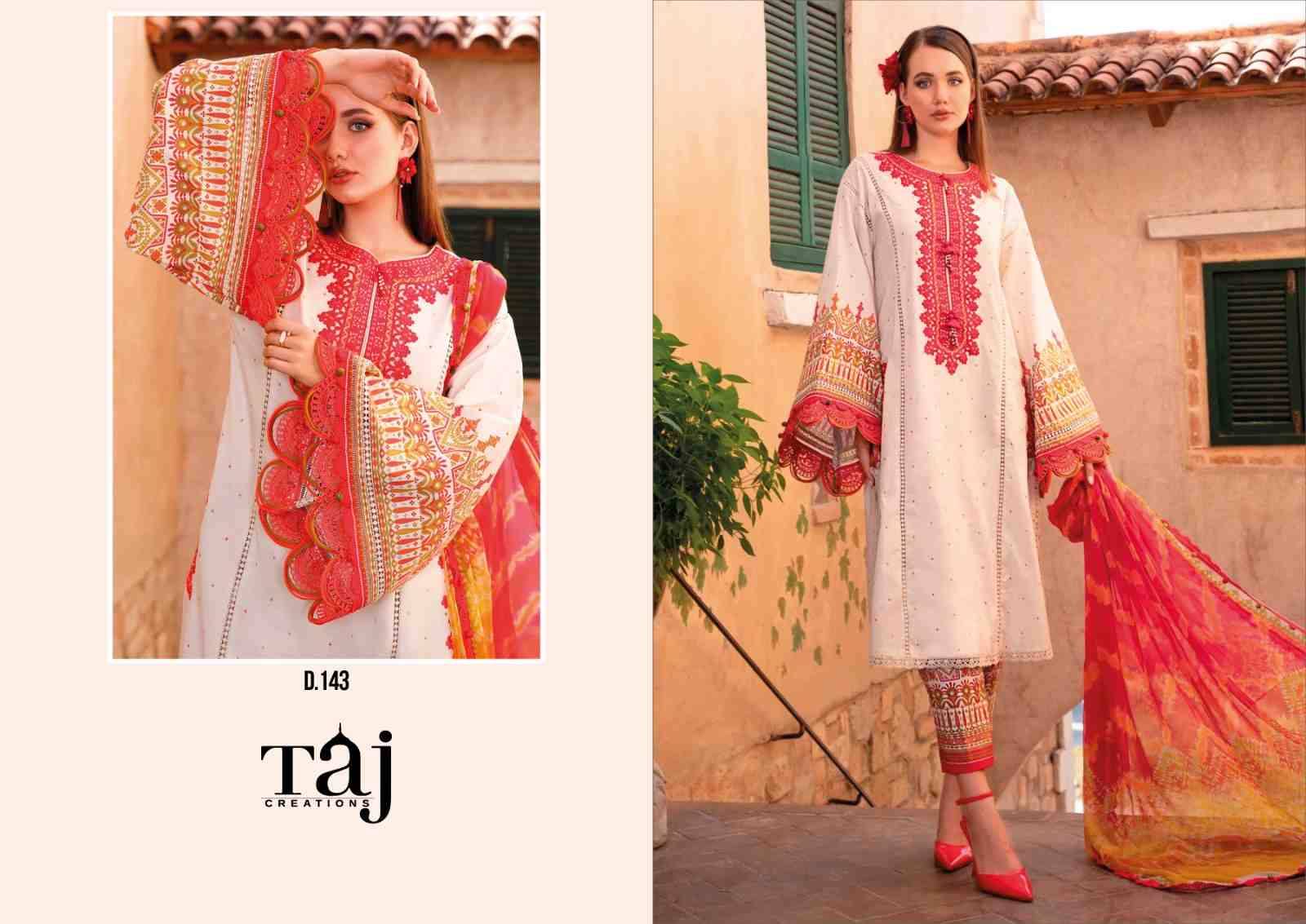 Taj Hit Design 143 By Taj Creation Beautiful Pakistani Suits Colorful Stylish Fancy Casual Wear & Ethnic Wear Pure Cotton Print With Embroidered Dresses At Wholesale Price