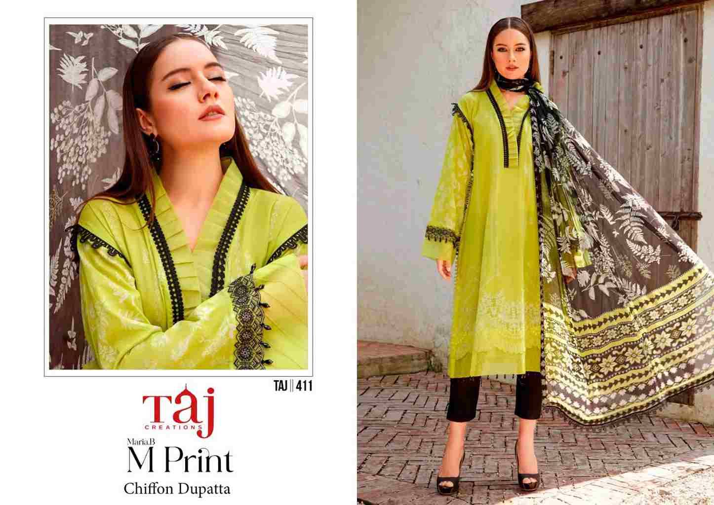 Taj Hit Design 411 By Taj Creation Beautiful Pakistani Suits Colorful Stylish Fancy Casual Wear & Ethnic Wear Pure Cotton Print With Embroidered Dresses At Wholesale Price