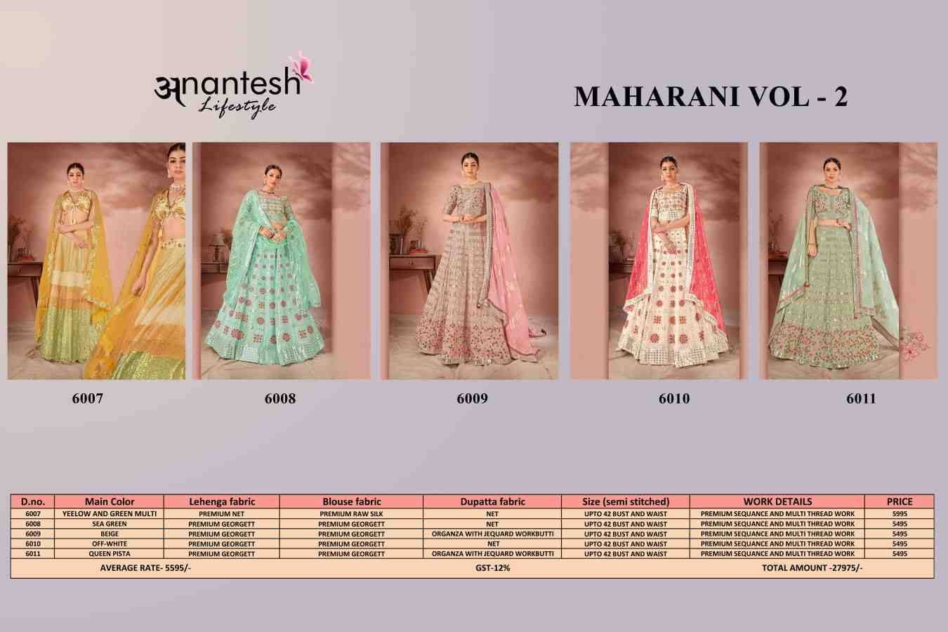 Maharani Vol-2 By Anantesh 6007 To 6011 Series Bridal Wear Collection Beautiful Stylish Colorful Fancy Party Wear & Occasional Wear Premium Net/Georgette Lehengas At Wholesale Price