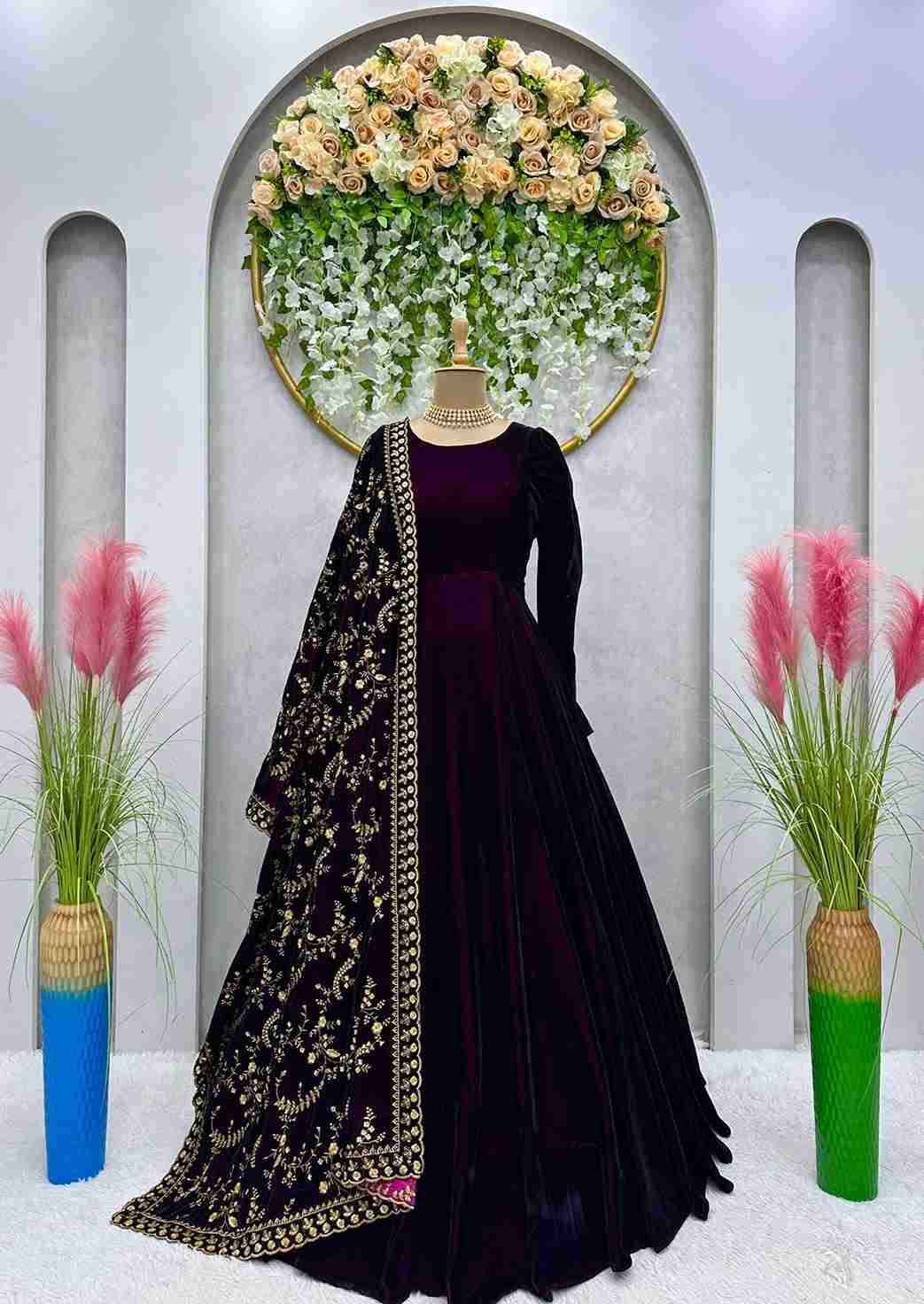 K-1383 By Fashid Wholesale Beautiful Stylish Fancy Colorful Casual Wear & Ethnic Wear Velvet Gowns With Dupatta At Wholesale Price