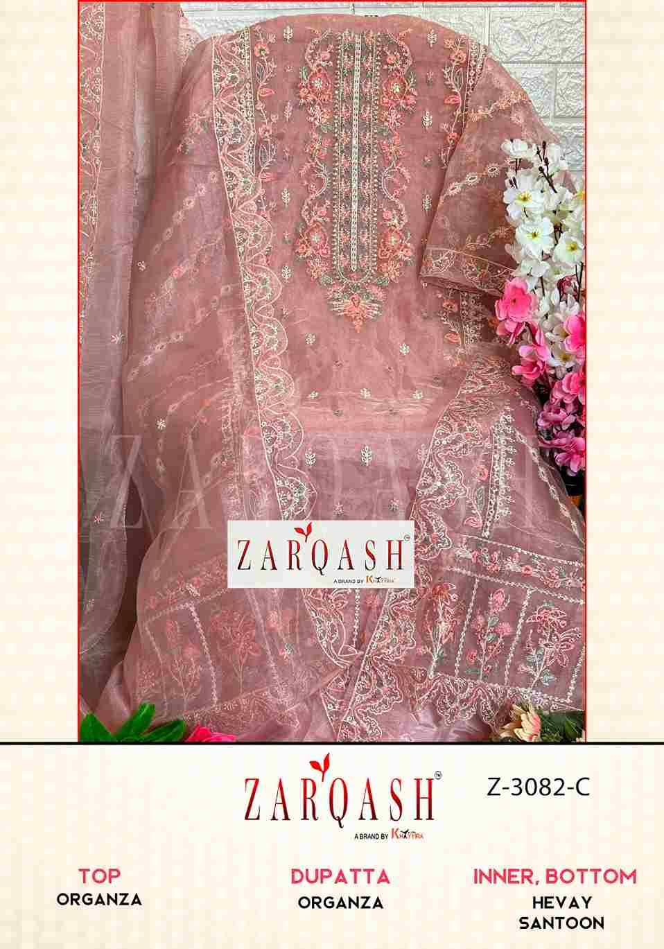 Zarqash Hit Design 3082 Colours By Zarqash 3082-A To 3082-E Series Designer Festive Pakistani Suits Collection Beautiful Stylish Fancy Colorful Party Wear & Occasional Wear Organza Embroidered Dresses At Wholesale Price