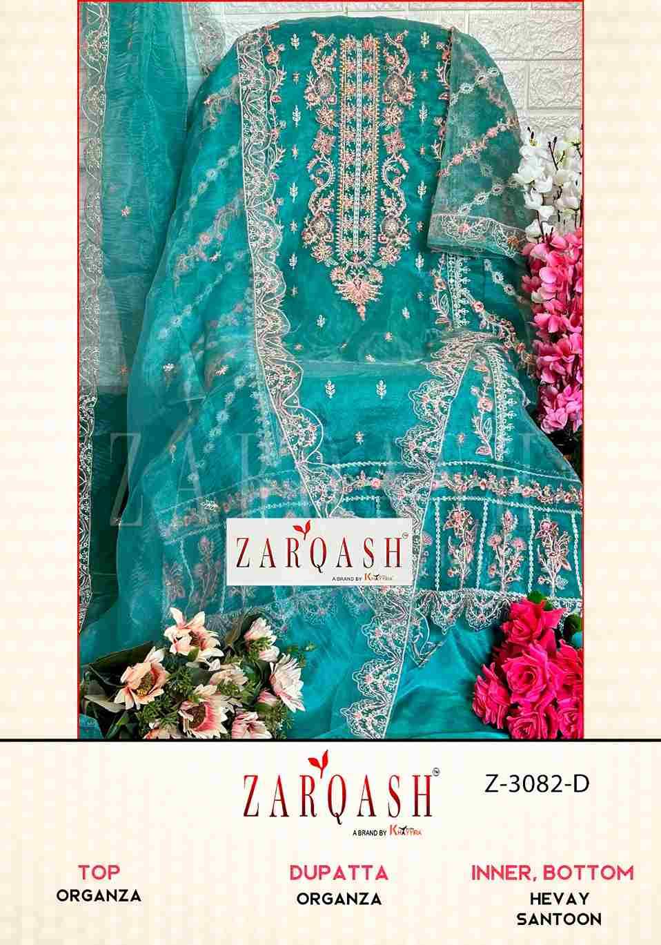 Zarqash Hit Design 3082 Colours By Zarqash 3082-A To 3082-E Series Designer Festive Pakistani Suits Collection Beautiful Stylish Fancy Colorful Party Wear & Occasional Wear Organza Embroidered Dresses At Wholesale Price