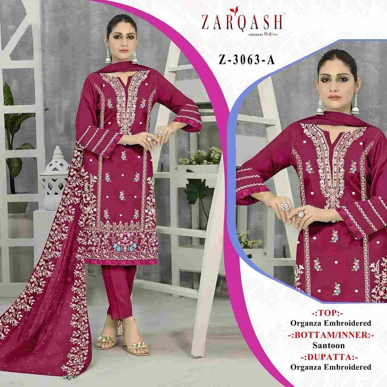 Zarqash Hit Design 3063 Colours By Zarqash 3063-A To 3063-D Series Designer Pakistani Suits Collection Beautiful Stylish Colorful Fancy Party Wear & Occasional Wear Organza Dresses At Wholesale Price