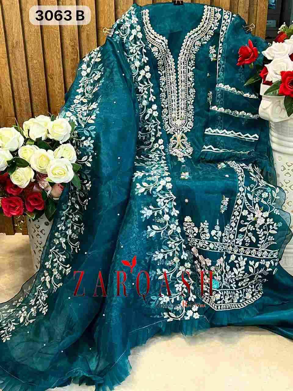 Zarqash Hit Design 3063 Colours By Zarqash 3063-A To 3063-D Series Designer Pakistani Suits Collection Beautiful Stylish Colorful Fancy Party Wear & Occasional Wear Organza Dresses At Wholesale Price