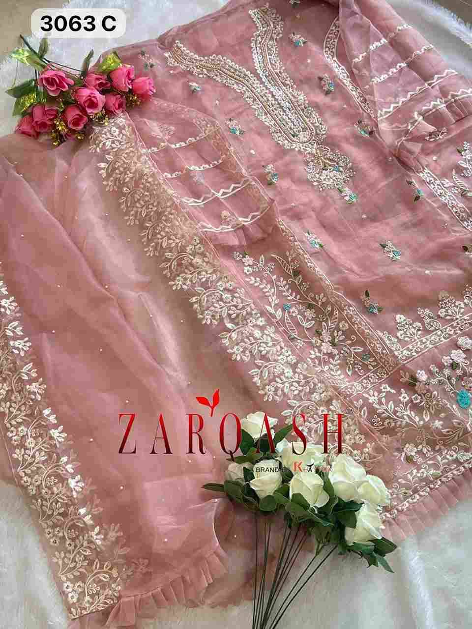 Zarqash Hit Design 3063 Colours By Zarqash 3063-A To 3063-D Series Designer Pakistani Suits Collection Beautiful Stylish Colorful Fancy Party Wear & Occasional Wear Organza Dresses At Wholesale Price