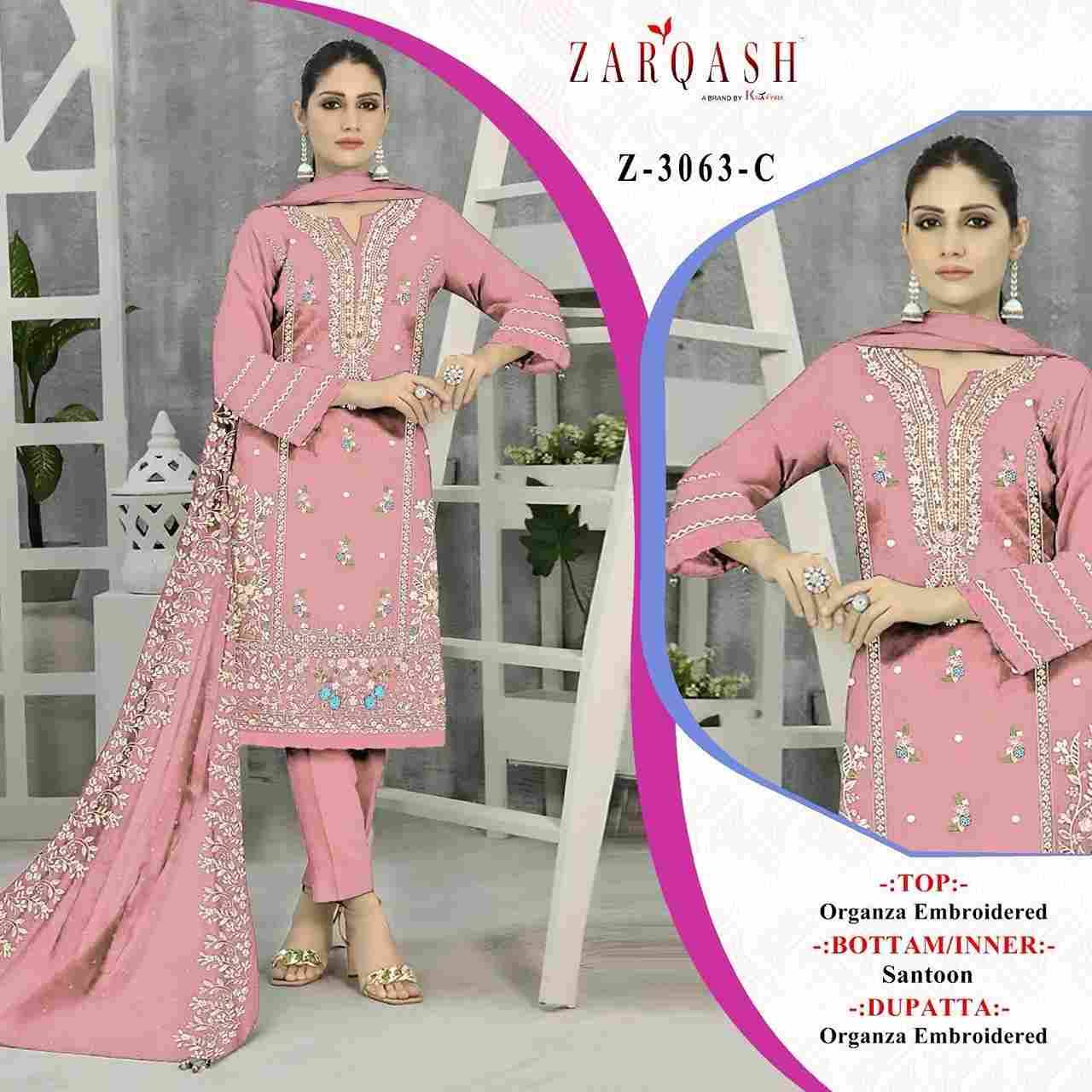 Zarqash Hit Design 3063 Colours By Zarqash 3063-A To 3063-D Series Designer Pakistani Suits Collection Beautiful Stylish Colorful Fancy Party Wear & Occasional Wear Organza Dresses At Wholesale Price