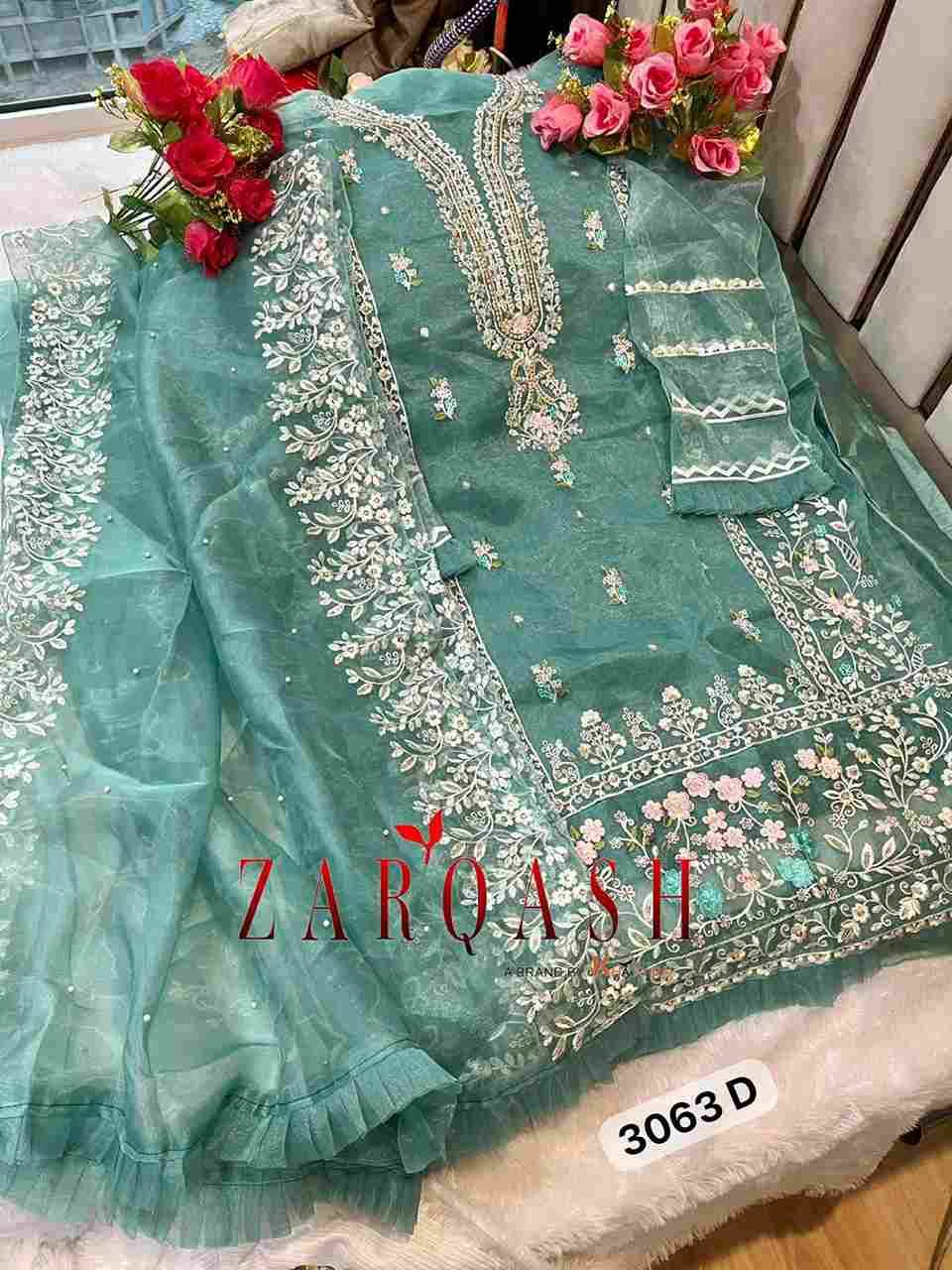 Zarqash Hit Design 3063 Colours By Zarqash 3063-A To 3063-D Series Designer Pakistani Suits Collection Beautiful Stylish Colorful Fancy Party Wear & Occasional Wear Organza Dresses At Wholesale Price