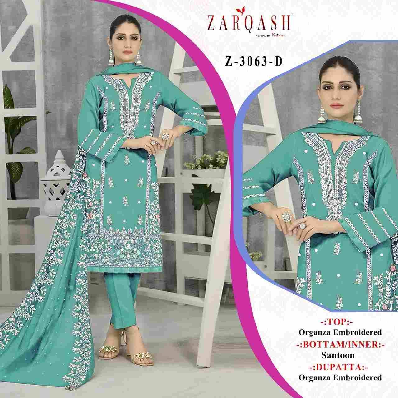 Zarqash Hit Design 3063 Colours By Zarqash 3063-A To 3063-D Series Designer Pakistani Suits Collection Beautiful Stylish Colorful Fancy Party Wear & Occasional Wear Organza Dresses At Wholesale Price