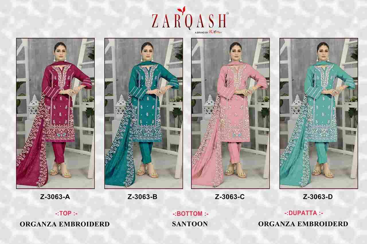 Zarqash Hit Design 3063 Colours By Zarqash 3063-A To 3063-D Series Designer Pakistani Suits Collection Beautiful Stylish Colorful Fancy Party Wear & Occasional Wear Organza Dresses At Wholesale Price