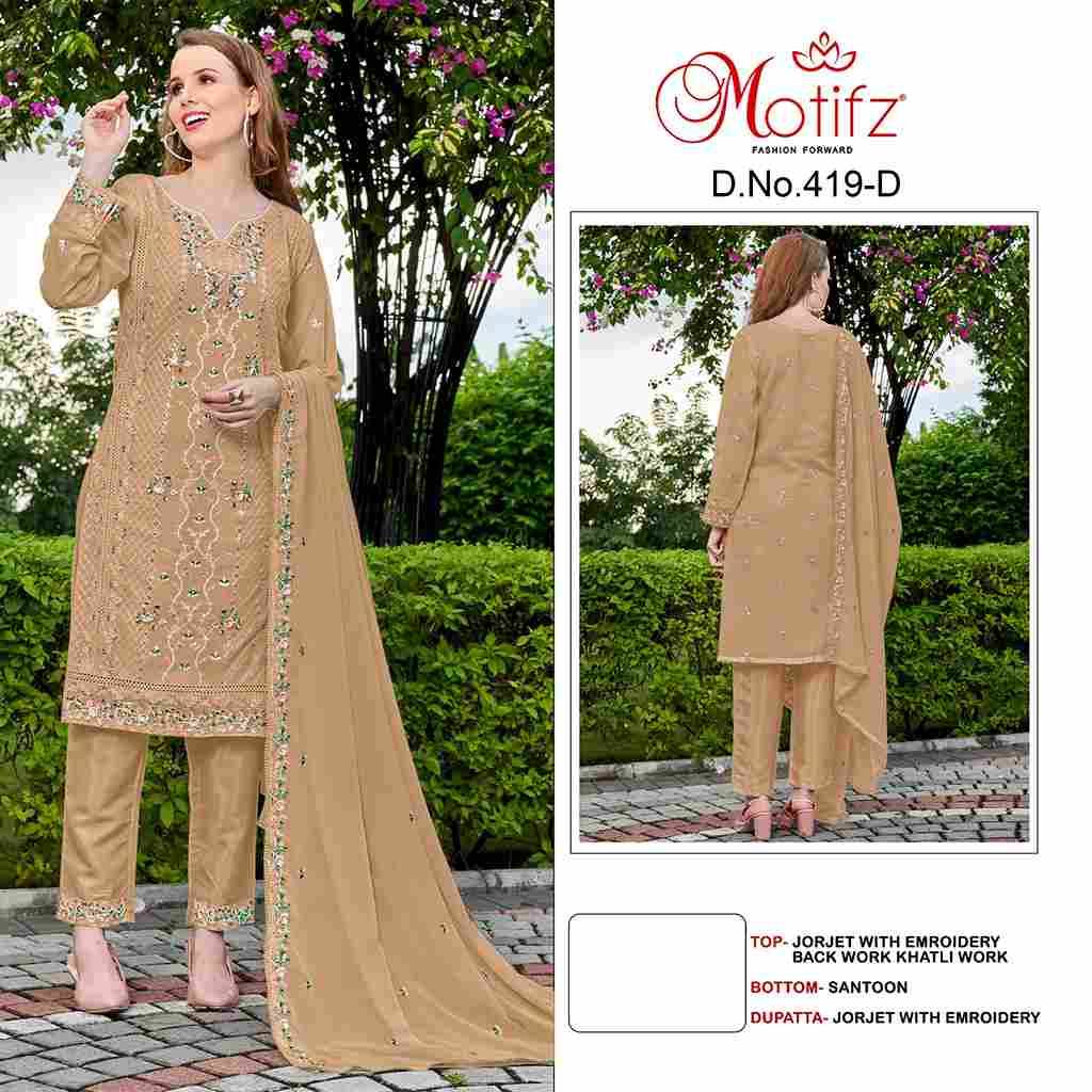 Motifz Hit Design 419 Colours By Motifz 419-A To 419-D Series Beautiful Stylish Pakistani Suits Fancy Colorful Casual Wear & Ethnic Wear & Ready To Wear Heavy Georgette Embroidered Dresses At Wholesale Price