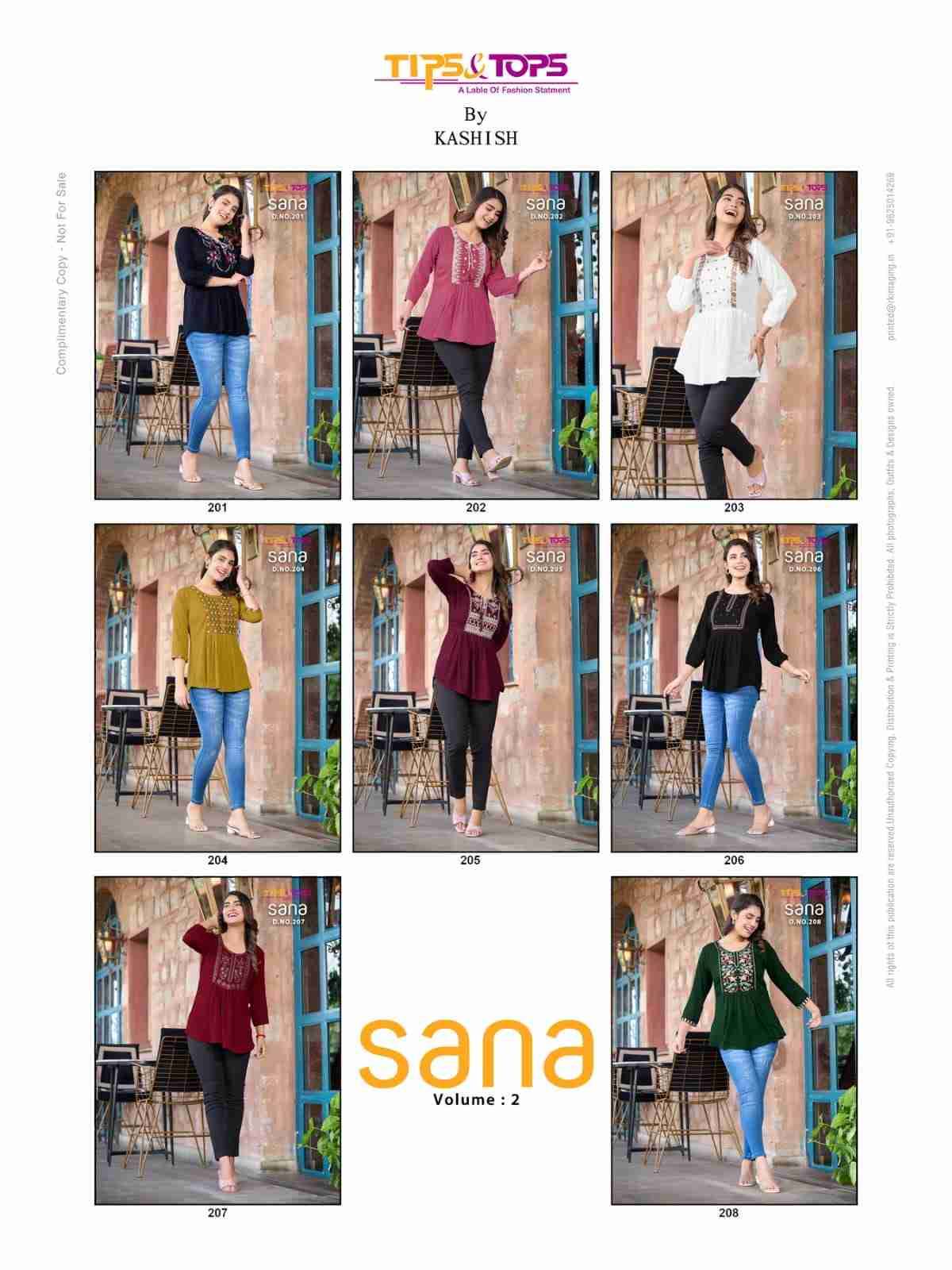 Sana Vol-2 By Tips And Tops 201 To 208 Series Designer Stylish Fancy Colorful Beautiful Party Wear & Ethnic Wear Collection Rayon Tops At Wholesale Price