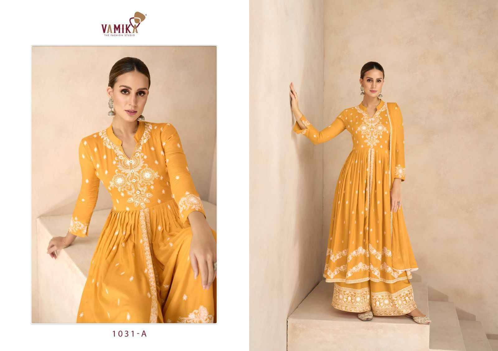 Lakhnavi Vol-6 Gold By Vamika 1031-A To 1031-E Series Beautiful Stylish Sharara Suits Fancy Colorful Casual Wear & Ethnic Wear & Ready To Wear Pure Rayon Printed Dresses At Wholesale Price