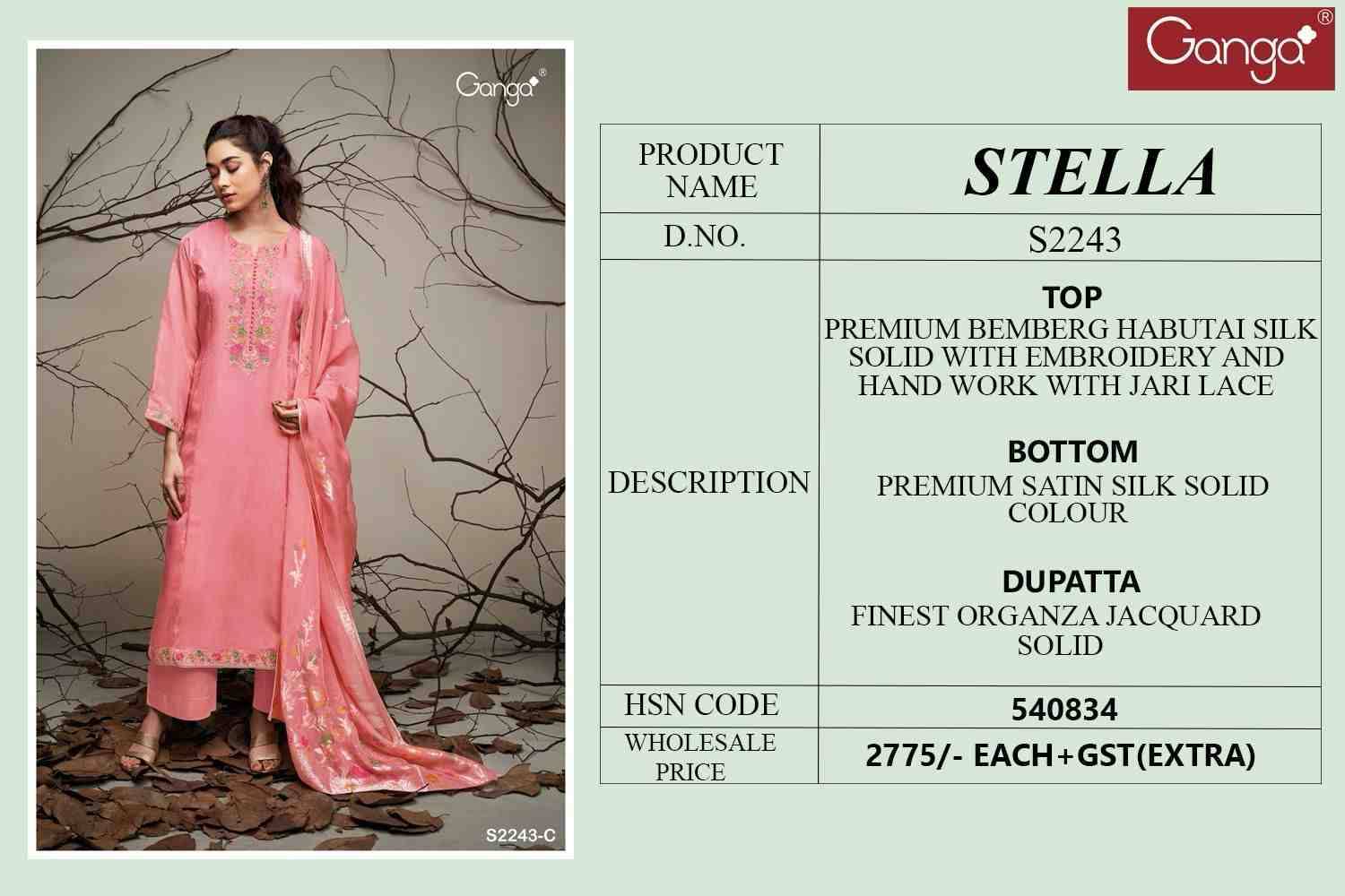 Stella-2243 By Ganga Fashion 2243-A To 2243-F Series Beautiful Festive Suits Stylish Colorful Fancy Casual Wear & Ethnic Wear Bemberg Silk Print Dresses At Wholesale Price