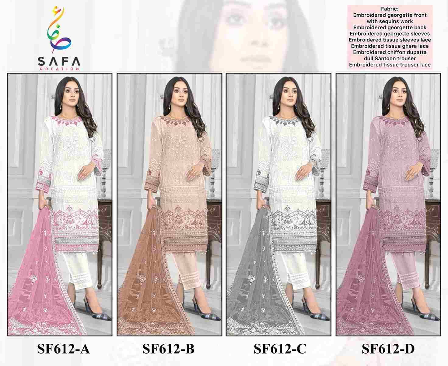 SF-612 Colours By Safa Creation 612-A To 612-D Series Designer Pakistani Suits Beautiful Fancy Colorful Stylish Party Wear & Occasional Wear Georgette Embroidered Dresses At Wholesale Price