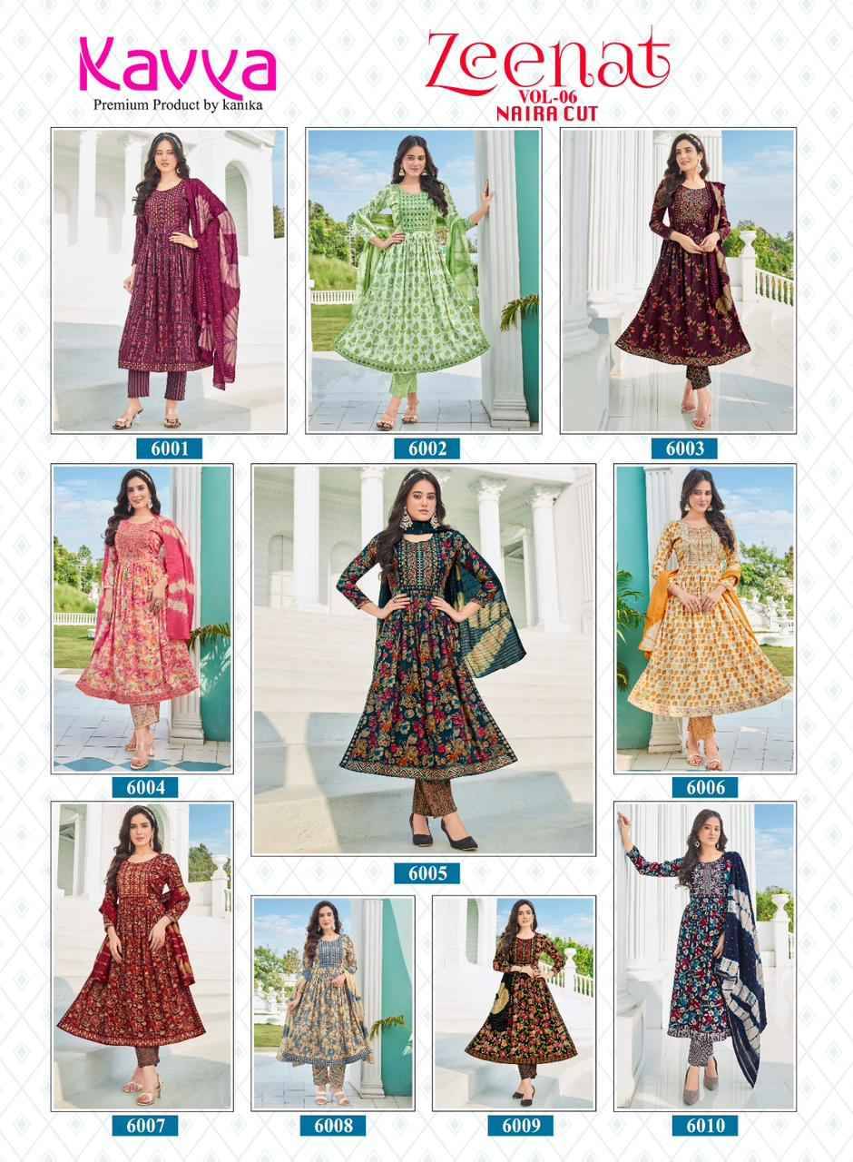 Zeenat Vol-6 By Kavya 6001 To 6010 Series Beautiful Stylish Festive Suits Fancy Colorful Casual Wear & Ethnic Wear & Ready To Wear Capsule Print Dresses At Wholesale Price