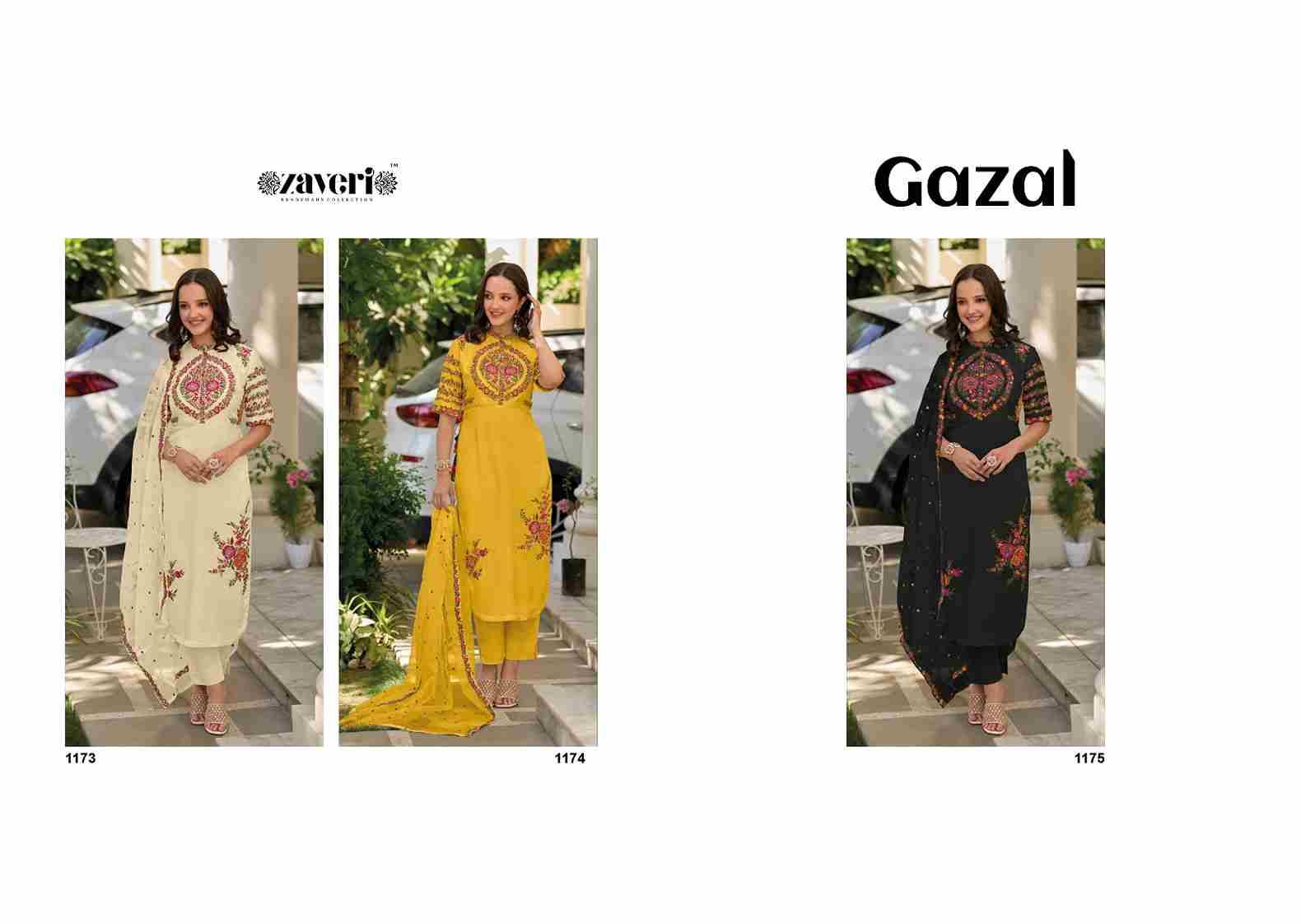 Gazal By Zaveri 1173 To 1175 Series Beautiful Stylish Festive Suits Fancy Colorful Casual Wear & Ethnic Wear & Ready To Wear Heavy Silk Print Dresses At Wholesale Price
