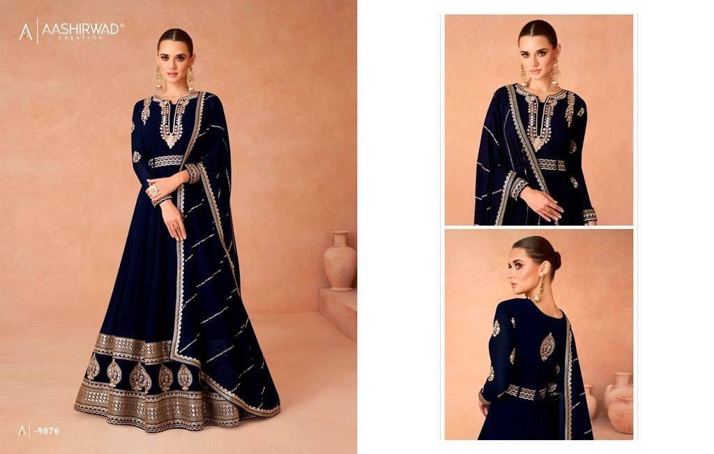 Andaz Gold By Aashirwad Creation 9875 To 9878 Series Beautiful Stylish Fancy Colorful Casual Wear & Ethnic Wear Georgette Gowns With Dupatta At Wholesale Price