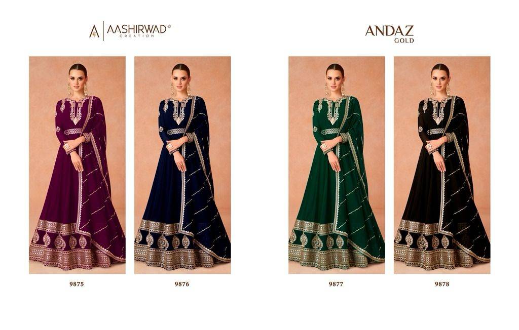 Andaz Gold By Aashirwad Creation 9875 To 9878 Series Beautiful Stylish Fancy Colorful Casual Wear & Ethnic Wear Georgette Gowns With Dupatta At Wholesale Price
