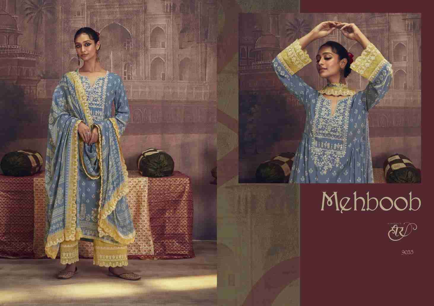 Mehboob By Kimora Fashion 9031 To 9038 Series Beautiful Stylish Festive Suits Fancy Colorful Casual Wear & Ethnic Wear & Ready To Wear Pure Muslin Print With Embroidery Dresses At Wholesale Price