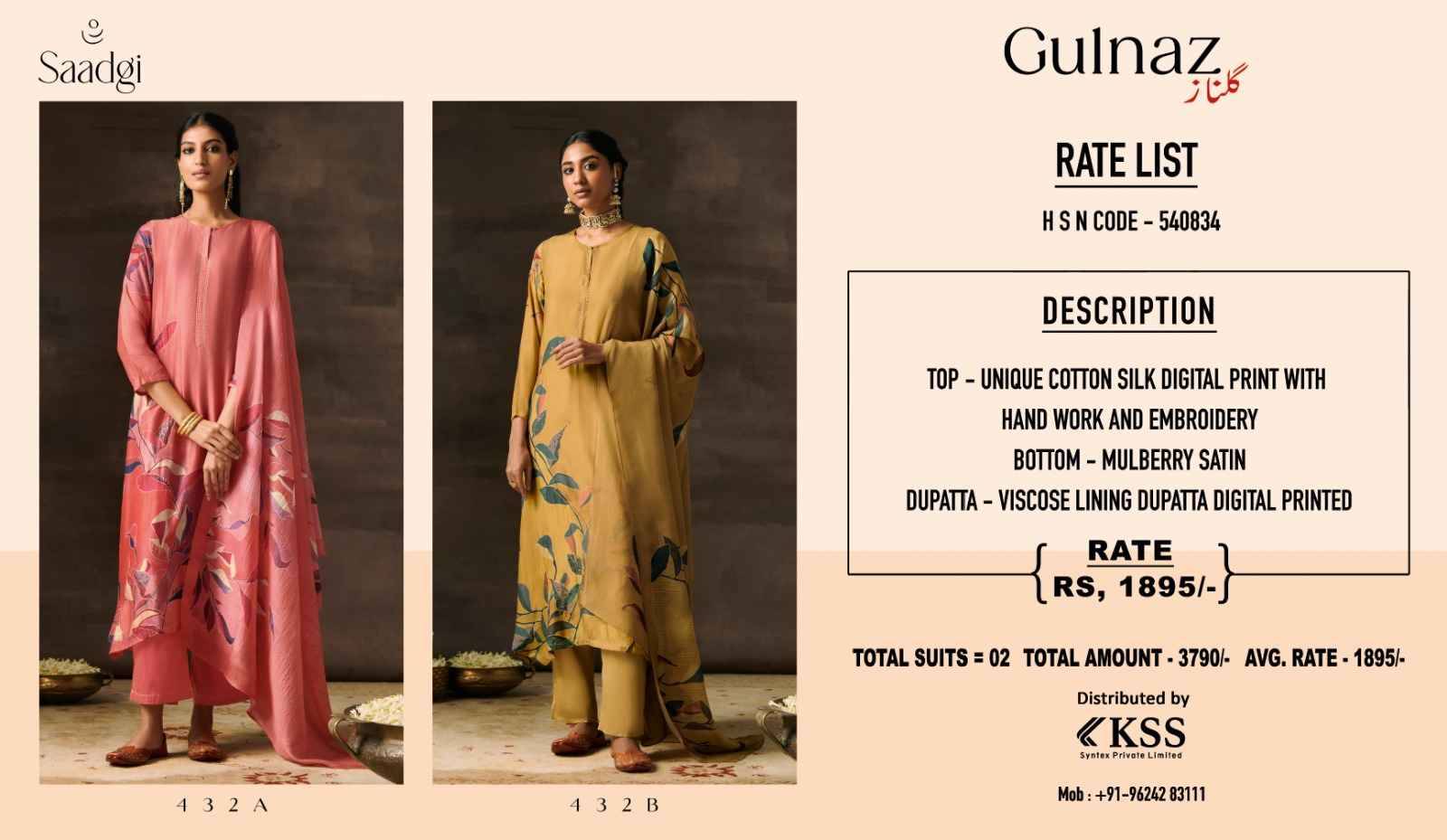 Gulnaz By Saadgi 432-A To 432-B Series Beautiful Stylish Festive Suits Fancy Colorful Casual Wear & Ethnic Wear & Ready To Wear Cotton Silk With Embroidery Dresses At Wholesale Price