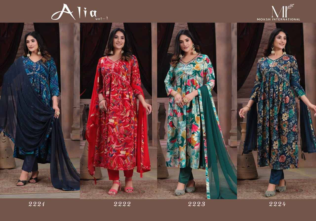 Alia Vol-1 By Moskh International 2221 To 2224 Series Beautiful Festive Suits Colorful Stylish Fancy Casual Wear & Ethnic Wear Rayon Print Dresses At Wholesale Price