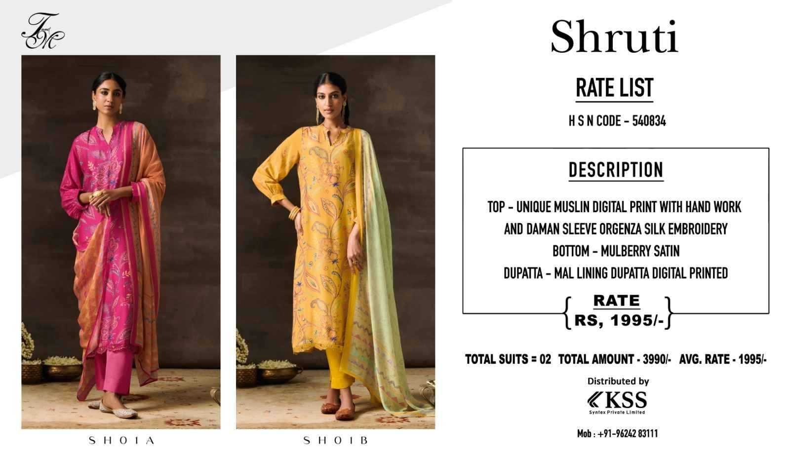 Shruti-01 Colours By T And M Designer Studio 01-A To 01-B Series Beautiful Festive Suits Colorful Stylish Fancy Casual Wear & Ethnic Wear Muslin Digital Print Dresses At Wholesale Price