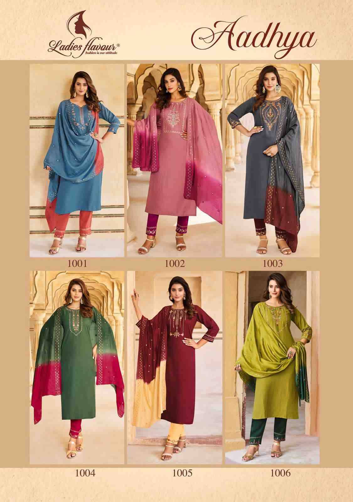 Aadhya By Ladies Flavour 1001 To 1006 Series Beautiful Festive Suits Colorful Stylish Fancy Casual Wear & Ethnic Wear Heavy Chinnon Embroidered Dresses At Wholesale Price