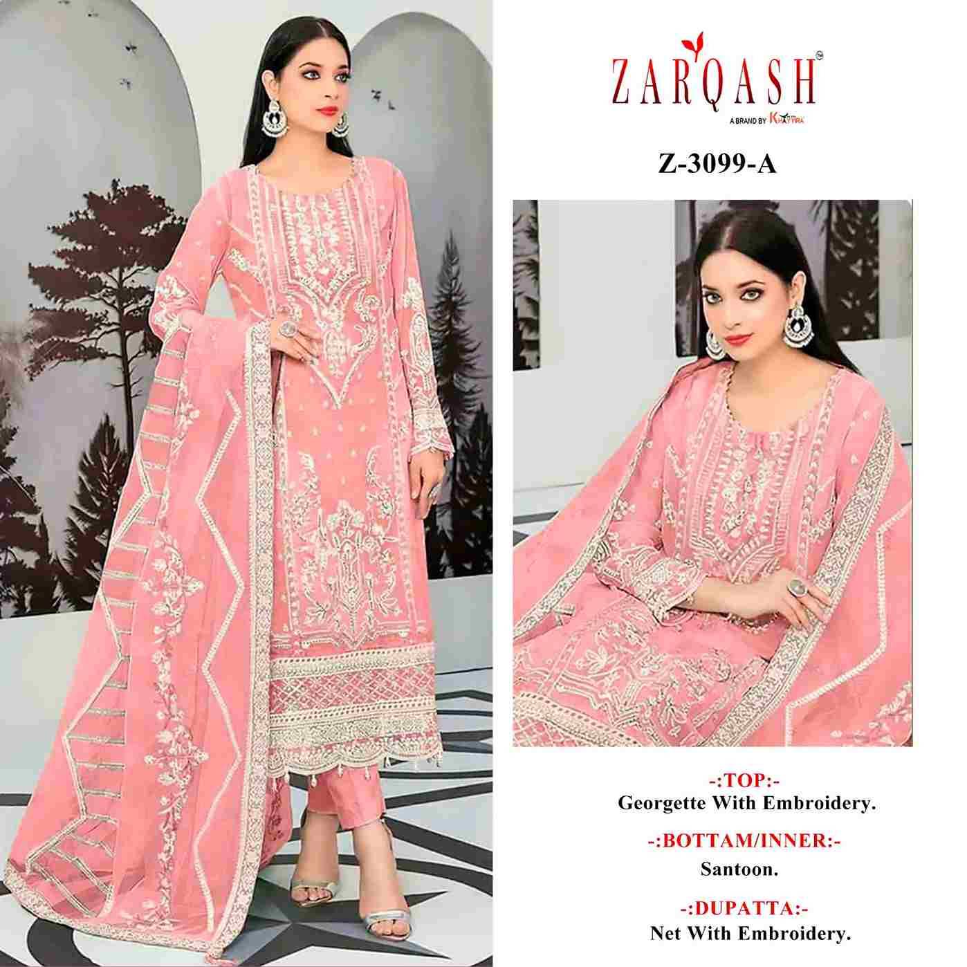 Zarqash Hit Design 3099 Colours By Zarqash 3099-A To 3099-C Series Designer Festive Pakistani Suits Collection Beautiful Stylish Fancy Colorful Party Wear & Occasional Wear Georgette Embroidered Dresses At Wholesale Price