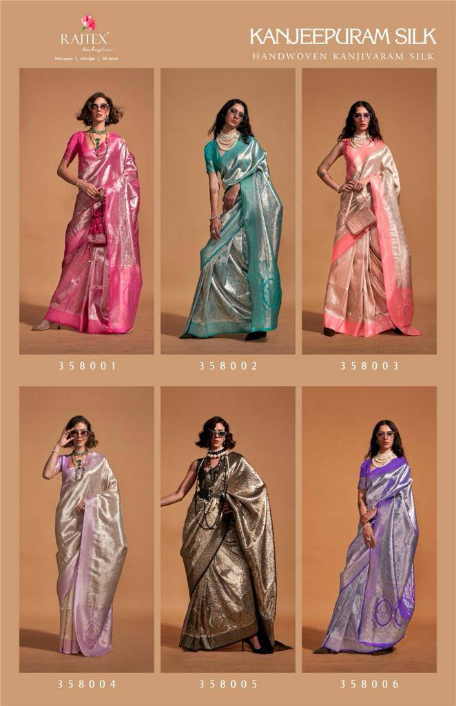 Kanjeepuram Silk By Raj Tex 358001 To 358006 Series Indian Traditional Wear Collection Beautiful Stylish Fancy Colorful Party Wear & Occasional Wear Pure Kanjivaram Silk Sarees At Wholesale Price