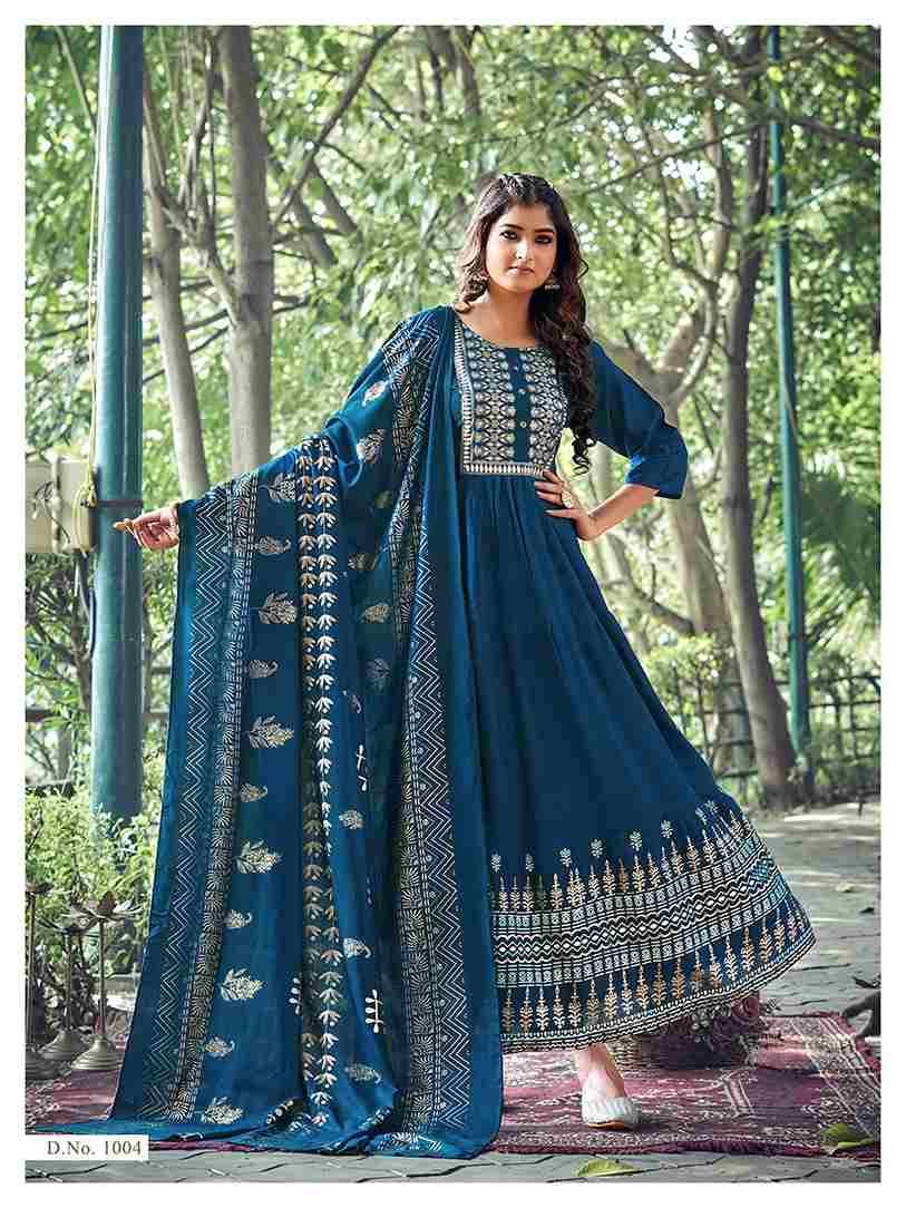 Avantika By Rare Lily 1001 To 1008 Series Beautiful Stylish Fancy Colorful Casual Wear & Ethnic Wear Rayon Foil Gowns With Dupatta At Wholesale Price