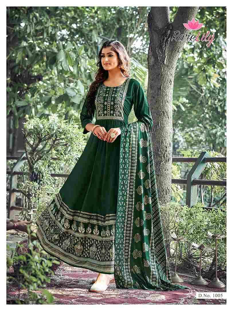 Avantika By Rare Lily 1001 To 1008 Series Beautiful Stylish Fancy Colorful Casual Wear & Ethnic Wear Rayon Foil Gowns With Dupatta At Wholesale Price