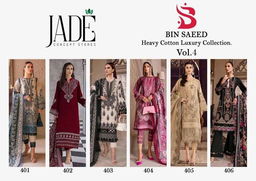 Bin Saeed Vol-4 By Jade 401 To 406 Series Beautiful Festive Suits Stylish Fancy Colorful Casual Wear & Ethnic Wear Pure Lawn Cotton Print Dresses At Wholesale Price