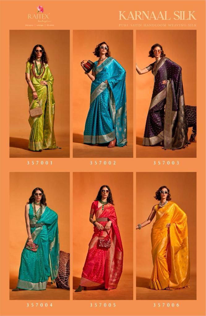 Karnaal Silk By Raj Tex 357001 To 357006 Series Indian Traditional Wear Collection Beautiful Stylish Fancy Colorful Party Wear & Occasional Wear Satin Silk Sarees At Wholesale Price