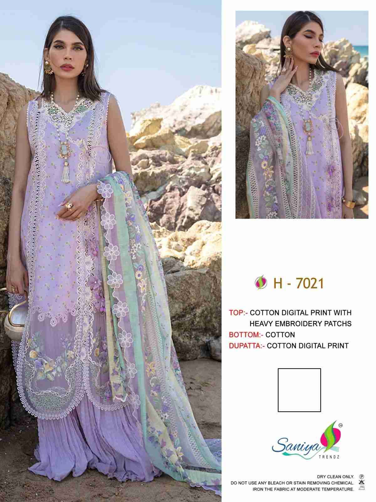 Saniya Trendz 7021 Series By Saniya Trendz 7021 To 7022 Series Beautiful Pakistani Suits Colorful Stylish Fancy Casual Wear & Ethnic Wear Cotton Print With Embroidered Dresses At Wholesale Price