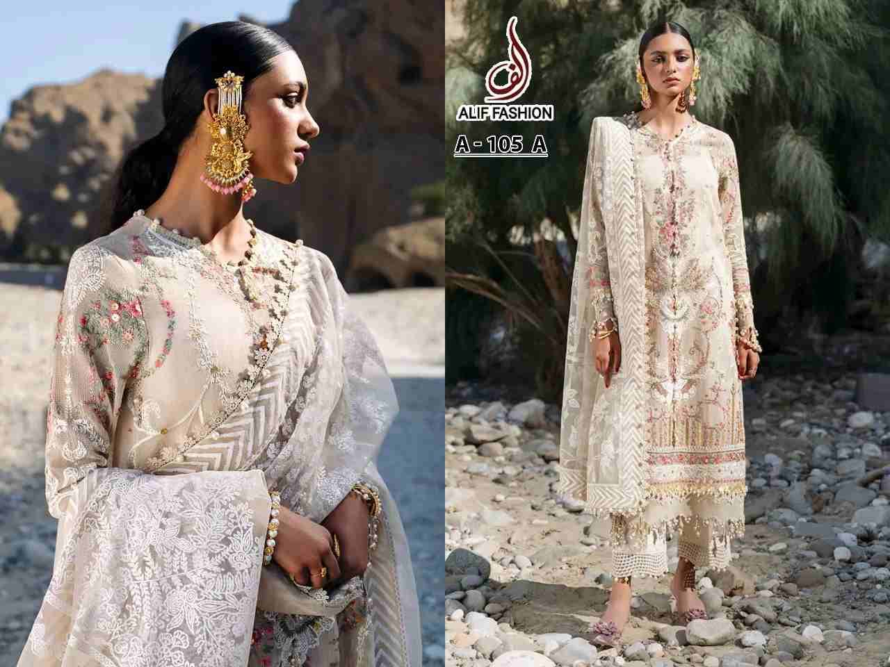Alif Hit Design A-105 Colours By Alif Fashion A-105-A To A-105-B Series Beautiful Pakistani Suits Colorful Stylish Fancy Casual Wear & Ethnic Wear Faux Georgette Embroidered Dresses At Wholesale Price