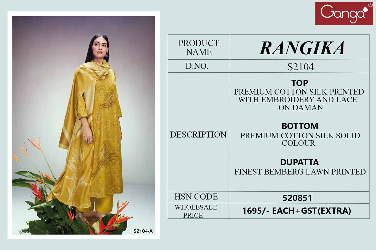 Rangika-2104 By Ganga Fashion 2104-A To 2104-D Series Beautiful Festive Suits Colorful Stylish Fancy Casual Wear & Ethnic Wear Cotton Silk Dresses At Wholesale Price