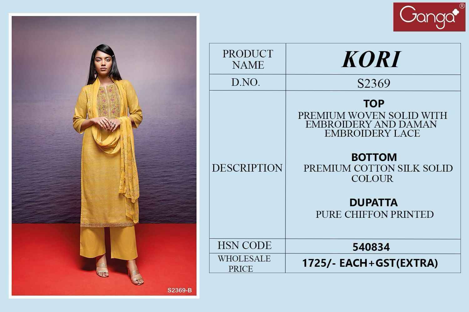 Kori-2369 By Ganga Fashion 2369-A To 2369-B Series Beautiful Festive Suits Colorful Stylish Fancy Casual Wear & Ethnic Wear Premium Woven Dresses At Wholesale Price