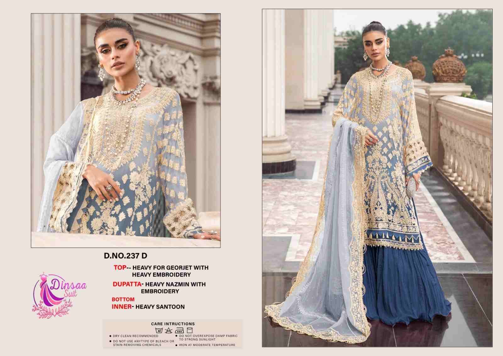 Dinsaa Hit Design 237 Colours By Dinsaa Suits 237-A To 237-D Series Designer Pakistani Suits Beautiful Stylish Fancy Colorful Party Wear & Occasional Wear Heavy Georgette Dresses At Wholesale Price