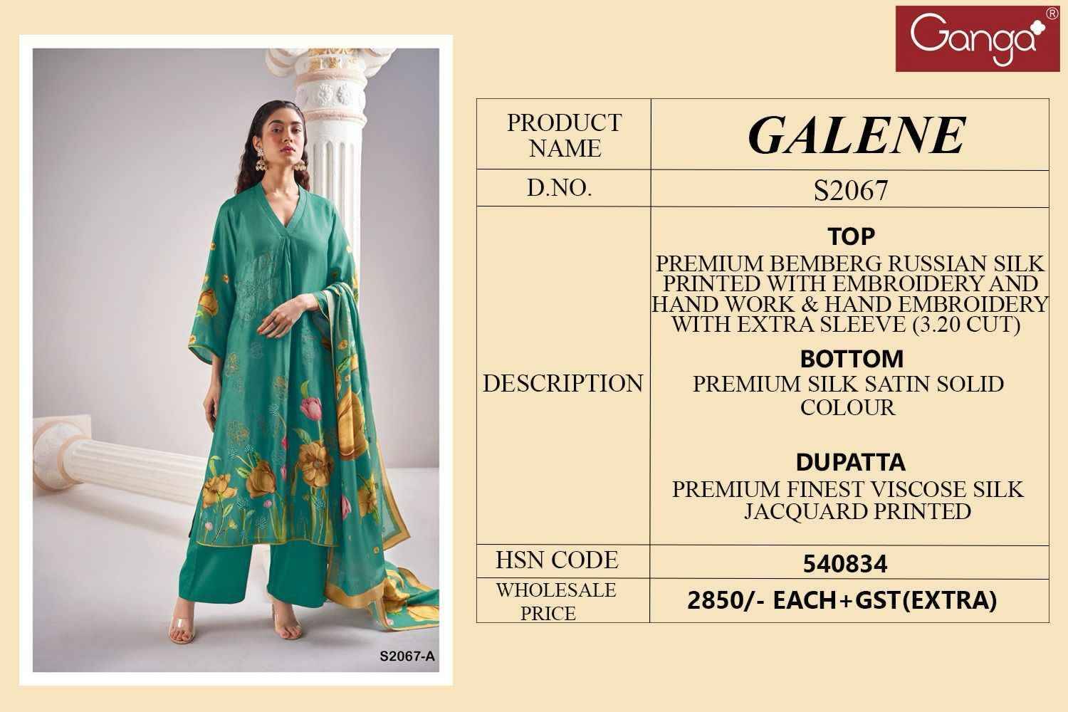 Galene-2067 By Ganga Fashion 2067-A To 2067-C Series Beautiful Festive Suits Colorful Stylish Fancy Casual Wear & Ethnic Wear Premium Bemberg Silk Dresses At Wholesale Price