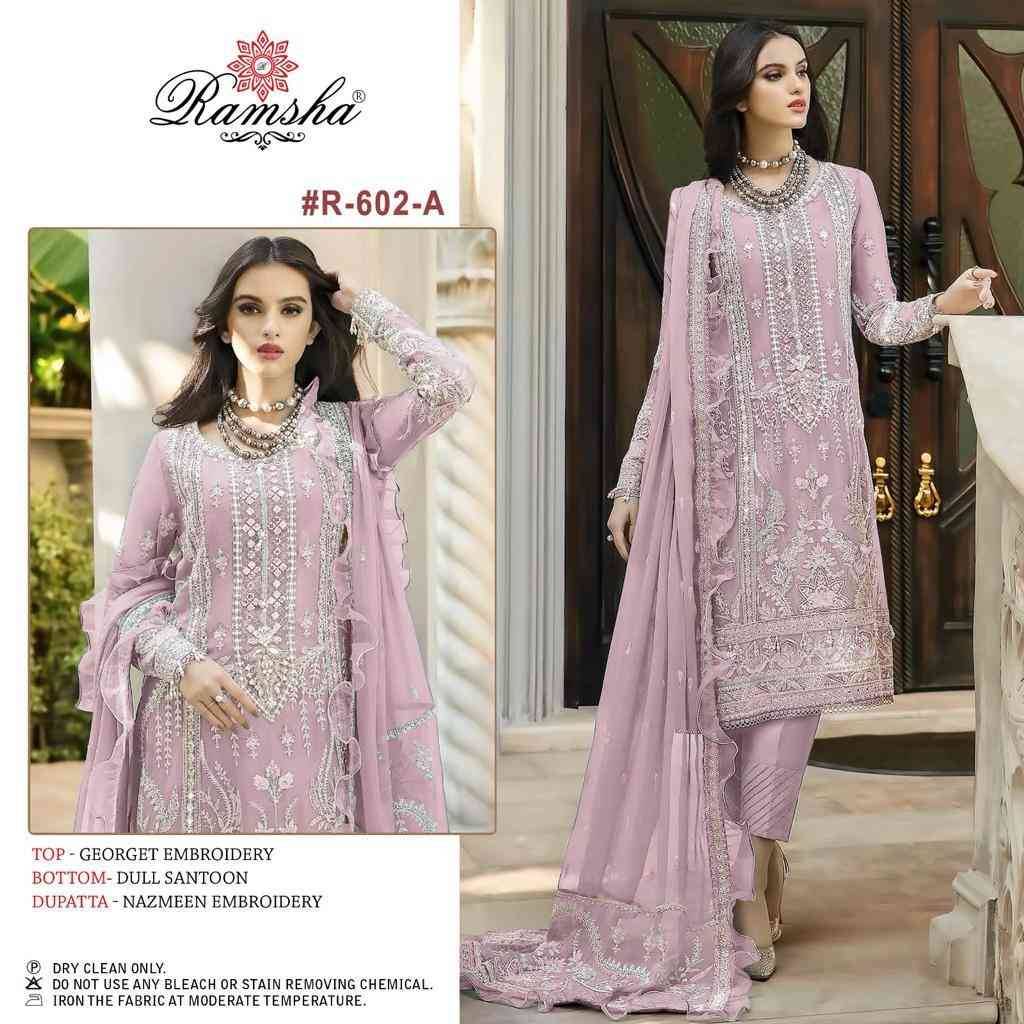 Ramsha 602 Colours By Ramsha 602-A To 602-D Series Beautiful Pakistani Suits Colorful Stylish Fancy Casual Wear Pure Georgette Embroidered Dresses At Wholesale Price